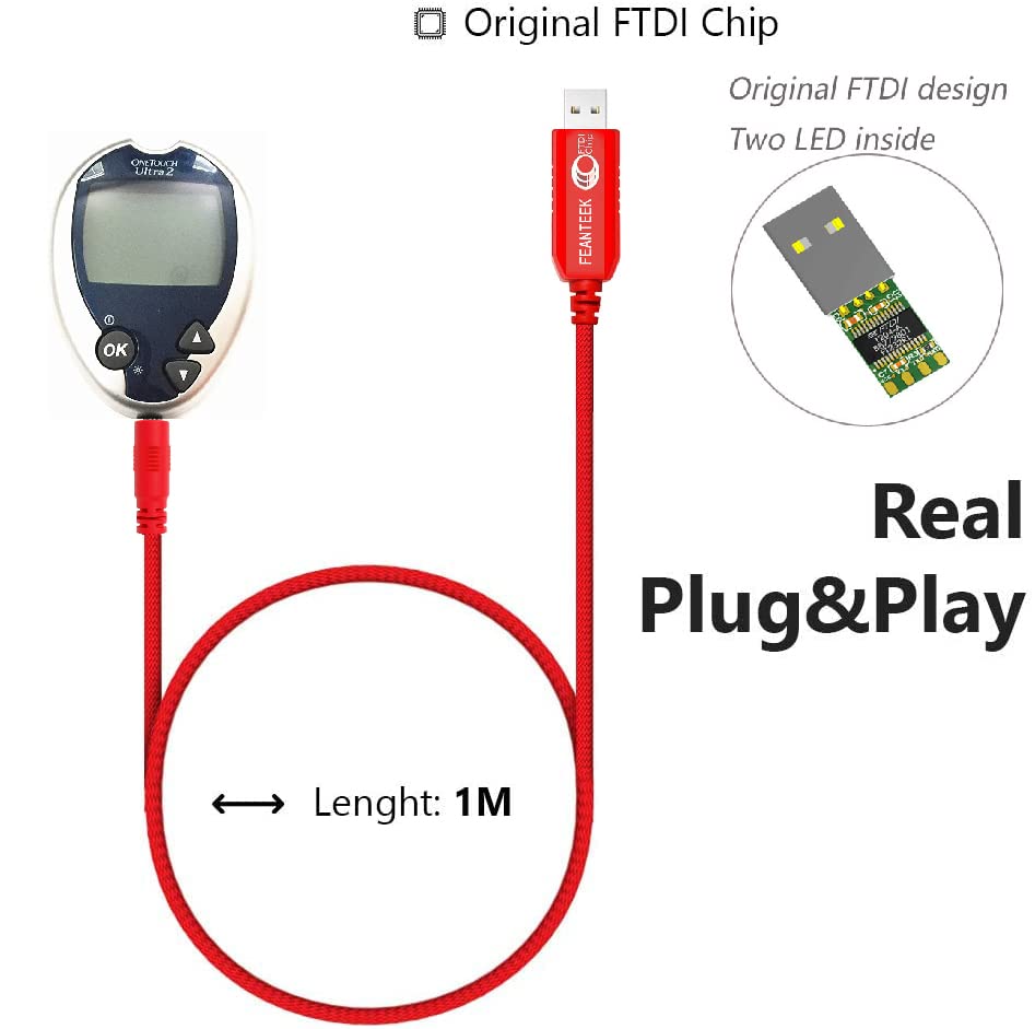 כבל מד גלוקוז USB של Feanteek לגלוקומטר Onetouch עם Ultra2, Ultramini, Ultralink ו- Ultra Smart Glucose