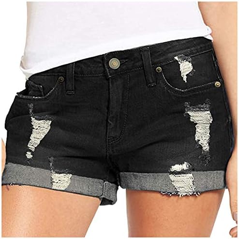 מכנסיים קצרים של ג'ינס נשים טרנדי קרוע רול מכנסי ג'ינס קצרים נמתחים מותניים גבוהים מכנסיים חמים מכנסיים
