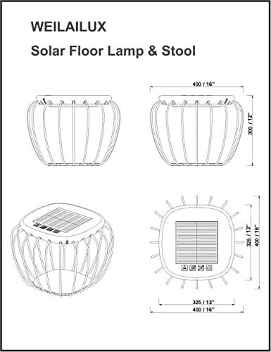 Weilailux 16 אינץ 'סולארי מנורת רצפה חיצונית אטומה למים, כיסא קובייה עגול LED שולחן צדדי מושב אור, תאורה