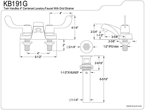 פליז קינגסטון KB191 ויסטה טווין להב ידית ברז מרכזי 4 אינץ 'ברז לשירותים, עם קופץ לא מתכתי, כרום מלוטש