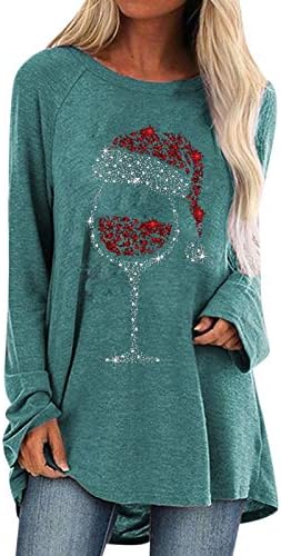צמרות שמלת חג המולד לנשים, בתוספת חולצות טוניקה בגודל כוסות יין כובע סנטה הדפס חולצת טריקו
