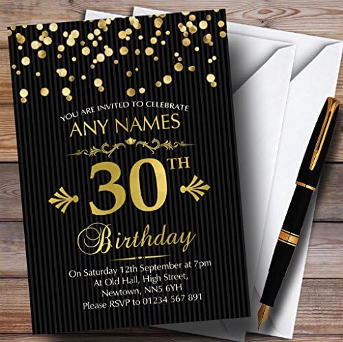 קונפטי זהב פסים שחורים פסים 30 הזמנות למסיבת יום הולדת בהתאמה אישית