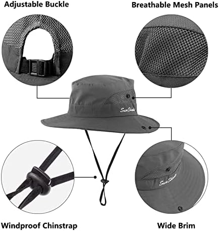 כובע שמש AJG לנשים עם קוקו חור רחב גלי UV הגנה על כובע דלי אריזה כובע דיג חוף חיצוני