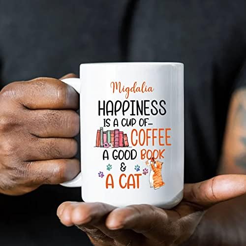 אושר הוא כוס קפה ספר טוב & חתול לבן ספל מותאם אישית שם מתנות עבור אוהבי הספר, אישית תולעת ספרים ספלי