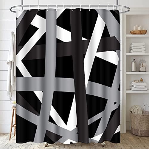 ערכות אמבטיה שחורות גיאומטריות עם וילון מקלחת ושטיחים ואביזרים, פסים לבנים שחורים אפורים ערכות וילון מקלחת,