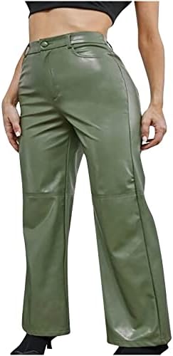 מכנסי עור PU לנשים ארוכים עור מוצק עור מותניים גבוהים מכנסי רגל ישר וינטג
