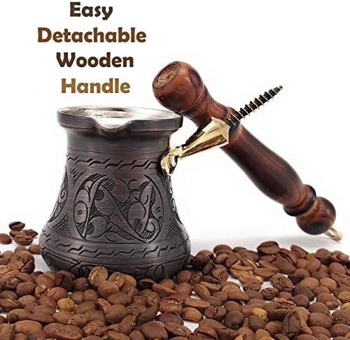 סחר דרך המשי - סדרת PCA - נחושת עתיקה עבה וחרוטה עבה ביותר טורקית סיר קפה ערבי יווני כבד עם ידית עץ