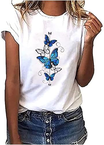 קיץ נשים פרפר הדפסת חולצה טרנדי קצר שרוול עגול צוואר חולצות מקרית חמוד גרפי חולצות קומפי רופף טי