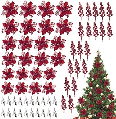 קישוטי עץ חג המולד קבעו נצנצים חג המולד אדום פוינסטיה ופירות חג המולד נצנצים גבעולי עץ חג המולד