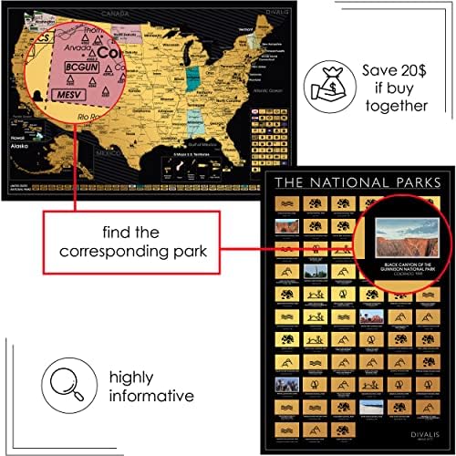 סט מתנה 2 ב-1-לגרד מפה אמריקאית ופוסטר של 63 פארקים לאומיים-24 על 16 פוסטרים קלים לשריטה של ארצות