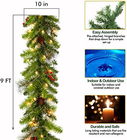 Hykolity 9 ft. זר חג מולד מלאכותי עם 50 אורות לבנים חמים, זר חג מולד מואר לפני דלתות, חלונות,