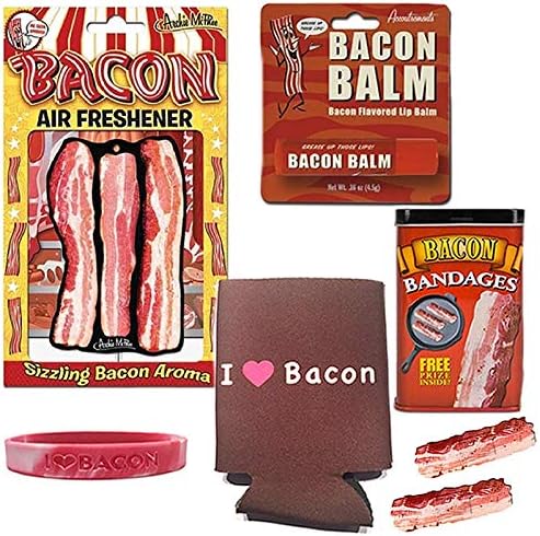 חבילת מתנה של Bacon Bonanza Sampler - תחבושות בייקון, מטהר אוויר, שפתון, I Heart Bacon Can Cooler ואני