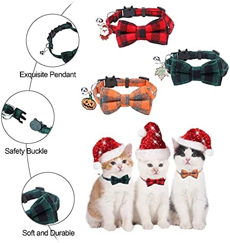 האקראו משובץ חתול קולרים עם עניבת פרפר פעמון, 3 חבילות הבדלני חתול קולרים עבור ליל כל הקדושים הודיה יום חג המולד
