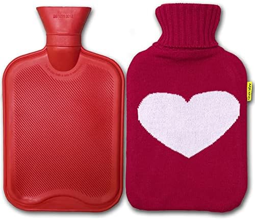 גדול 1/2 ליטר קלאסי שאינו רעיל טבעי גומי חם מים בקבוק עם גדול לב אדום לסרוג כיסוי, 2 ליטר, נהדר עבור