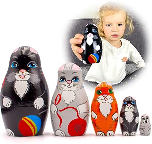 בובות קינון רוסיות חתול סט של 5 יח ' - בובת מטריושקה עם צלמיות חתולים - בובות קינון מעץ חתולים