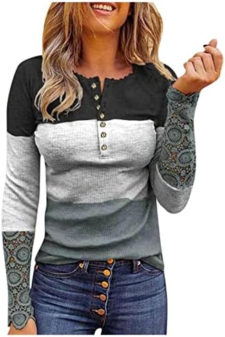 נשים שרוול ארוך חולצות צווארון כפתור עד תחרה הנלי חולצות חולצות טרנדי רזה מתאים מצולעים לסרוג