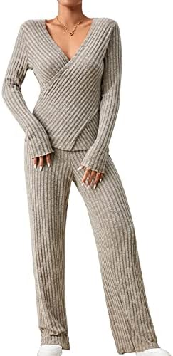 תלבושות 2 חלקות של Gorglitter לנשים עוטפות צוואר v שרוול ארוך עליון ומכנסיים מכנסיים