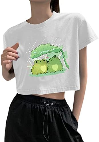 נשים טי מוצקות נשים צוואר עגול שרוול קצר עליון קצוץ צפרדע דפסת נשים קצרות חולצה חולצה דקה חולצה