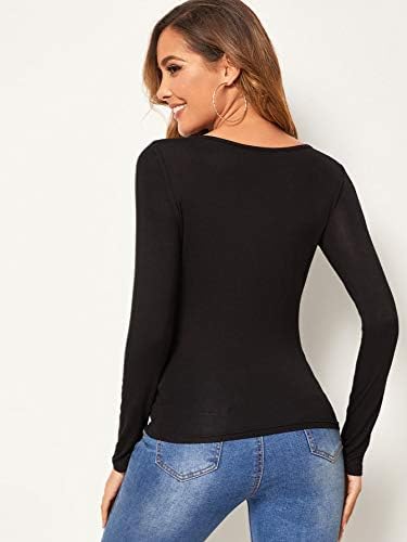 סוודר נשים ארוך שרוול סקופ צוואר בסיסי מוצק רזה בכושר טי חולצה למעלה