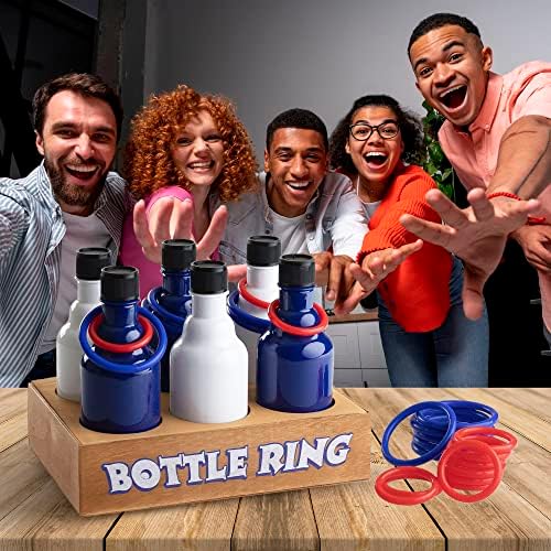 טבעת לזרוק בקבוק קרנבל משחק, 6 פלסטיק בקבוקי מטרות 24 לזרוק טבעות, עץ בסיס תיבה, נהדר עבור כל