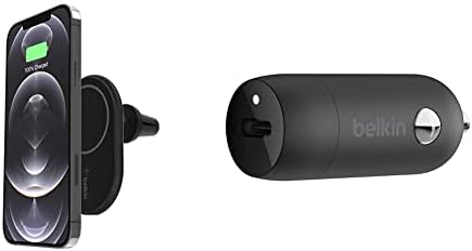 Belkin Magsafe תואם טלפון תואם טעינה מגנטית Mount & USB-C מטען רכב מהיר 20W שחור (מטען מהיר