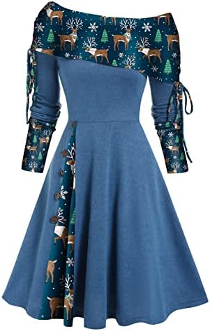 שמלת וינטג 'נוקמופו לנשים צוואר להמרה התלקחות פסים פסים שמלת קו שמלת שרוול ארוך לנשים