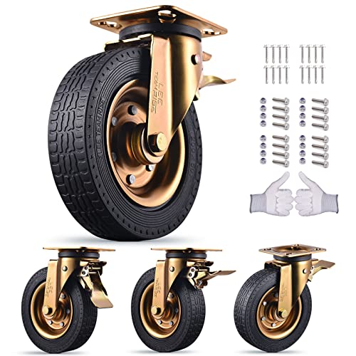 גלגלי גלגלים גומי מוצק כבדים כבדים סט של 4 עם בלם 3200 קילוגרמים 8 אינץ 'תעשייתי 360 מעלות סובב גלגלים