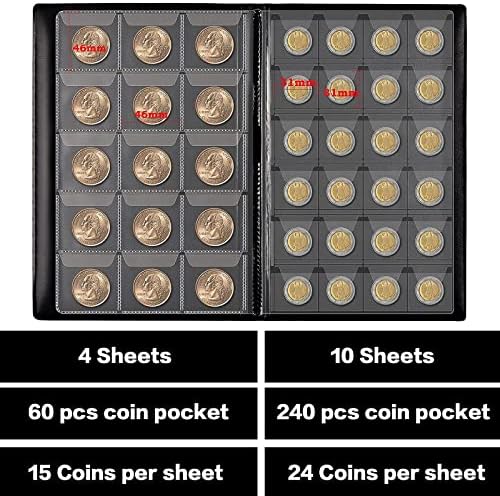 מטבע אוסף ספר בעל אלבום עבור אספנים, 300 כיסים מטבעות תצוגת אחסון מקרה 12 גיליונות מטבע אוסף דפים,