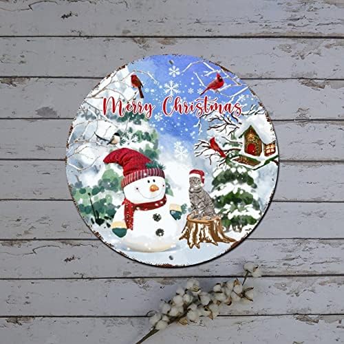 שלט חג מולד שמח סצנת חורף איש שלג חתול עם כובע סנטה עגול דלת פח מתכת עגול עיצוב חג המולד כפרי