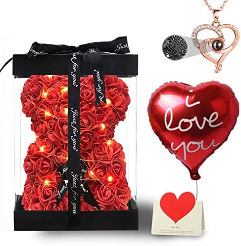 U uqui rose bear מתנות לנשים, דוב פרחים רוז דובי עם אורות קופסא שרשרת כרטיס בלון, רומנטי חמוד אני אוהב אותך