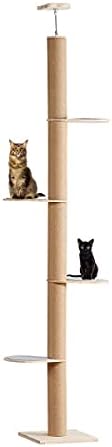 מגדל טיפוס חתול עץ חתול מרצפה עד תקרה עם עמוד גירוד טבעי של חבל סיסל, גובה:93.7-101.1 אינץ 'ו-101.2-108.6