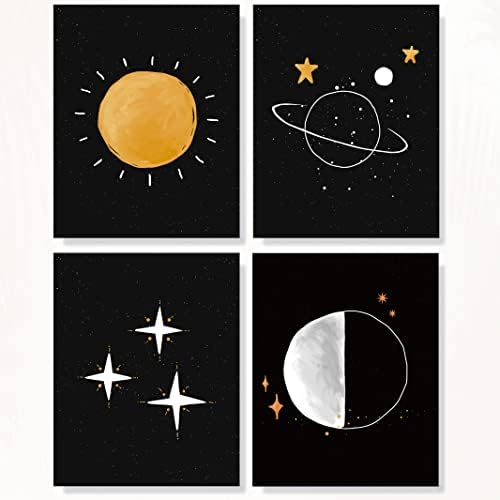 4 יחידות ציור גלקסי קיר אמנות הדפסי טבעי שחור שמש חלל כוכבים ירח שלב חמוד כרזות ציורי לילדים תינוק