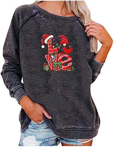 סווטשירט לחג המולד של נשים חמוד סנטה סוודר סוודר גרפי, חולצה מזדמנת של שרוול ארוך וינטג 'בגדי רחוב גדולים