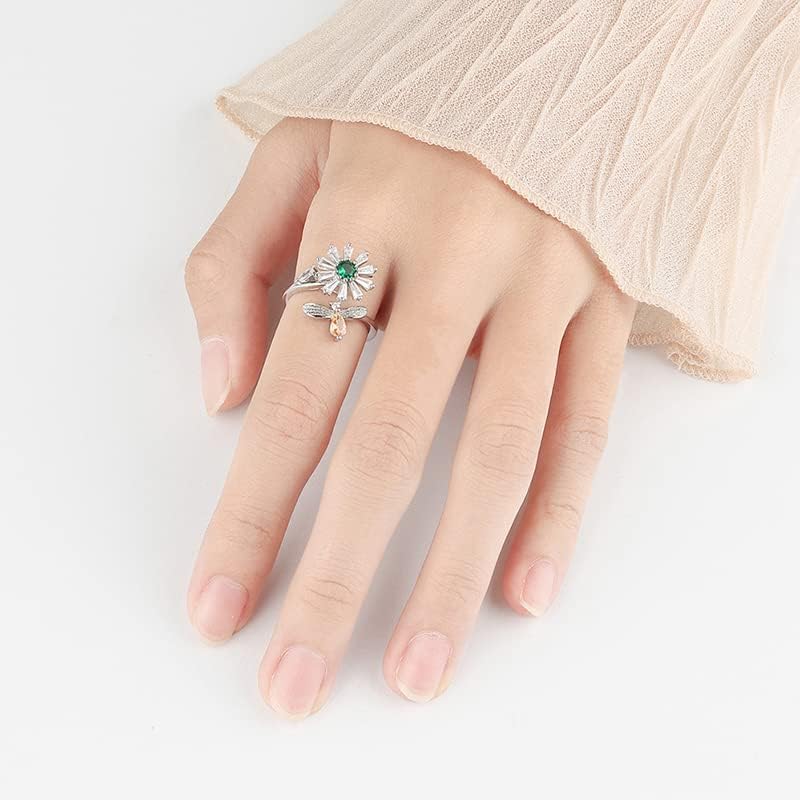 925 טבעת חרדה מכסף סטרלינג לנשים, טבעת זירקוניה מעוקבת מתכווננת עם קופסת מתנה, טבעות טבעות חמניות