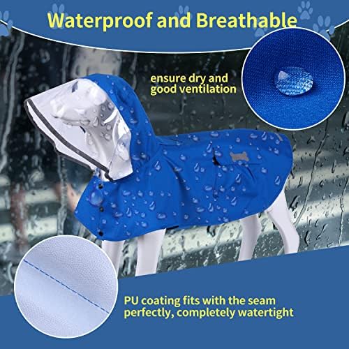 מעיל גשם של כלב אטום למים, בגדי גשם מחמד קלים משקפים מתכווננים עם מכסה המנוע של פונצ'ו
