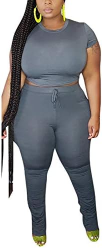 בתוספת גודל 2 תלבושות לחתיכות לנשים - חולצת יבול קצרה של שרוול צמרות גוף מכנסי גוף מכנסיים מגדירים