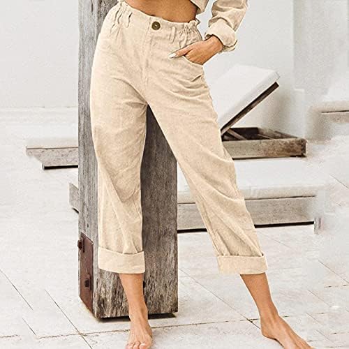 מכנסי איכר של Xueton לנשים קיץ חוף כותנה פשתן קפריס 3/4 מכנסי טרנינג מכנסי יוגה המותניים האלסטיים