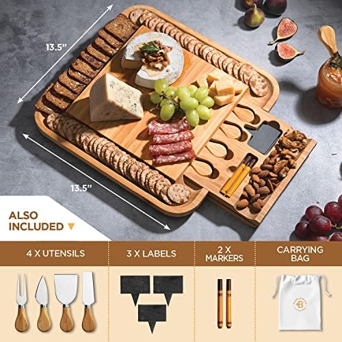 סט מתנות גדול של לוח צ'ארקוטרי - לוח גבינת במבוק ומערך סכין - פלטת לוח גבינה מעץ - קרש חיתוך בשר/גבינה עם