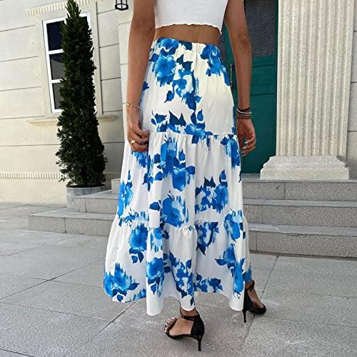 קפלים חצאיות מידי מקסי זורמות לנשים קיץ חצאית מידי בוהו מזדמן בצבע אחיד חצאית אונליין עם מותניים גבוהים