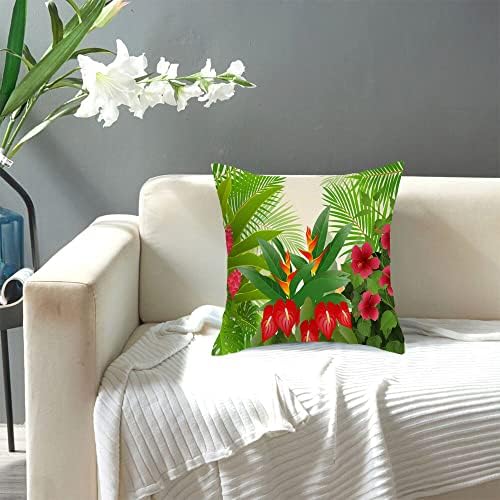 איביליו פרחים טרופיים זורקים כיסויי כריות 18x18, אדום היביסקוס אנתוריום פרח ירוק להשאיר מקרי כרית כרית כותנה