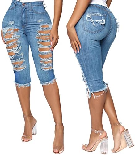 Jeke-DG נשים ג'ין מכנסיים קצרים במצוקה מקופלת ג'ינס רזה מכנסיים קצרים לקיץ מותניים גבוהים מכנסי מכנסי
