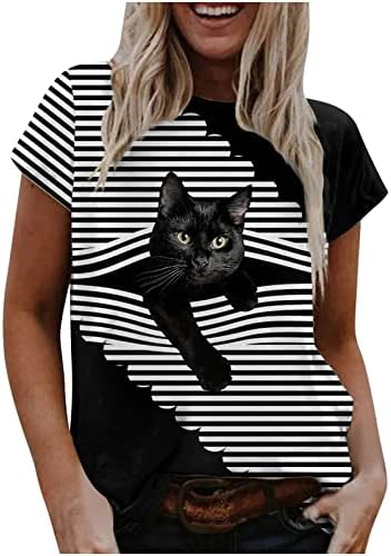 חולצות גרפיות של חתול חמוד של נשים חידוש חידוש מצחיק הדפס תלת מימד חתול שרוול קצר חולצות קיץ חולצות טריקו טריקו