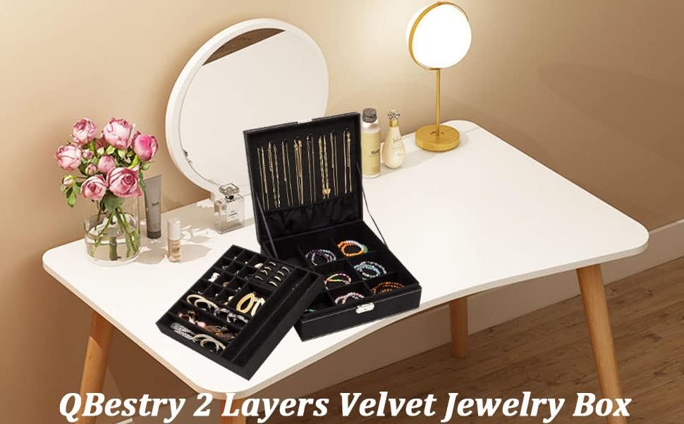 קופסא תכשיטים לנשים, 2 שכבה 36 תאים שרשרת תכשיטי ארגונית עם מנעול תכשיטי מחזיק עבור עגילי צמידי טבעות-שחור