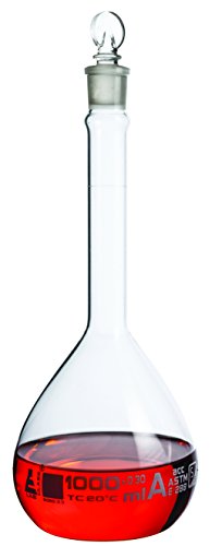 בקבוק נפחי, 1000 מל - Class A, ASTM - סובלנות ± 0.300 מל - פקק זכוכית - סיום לימודים יחיד, לבן -