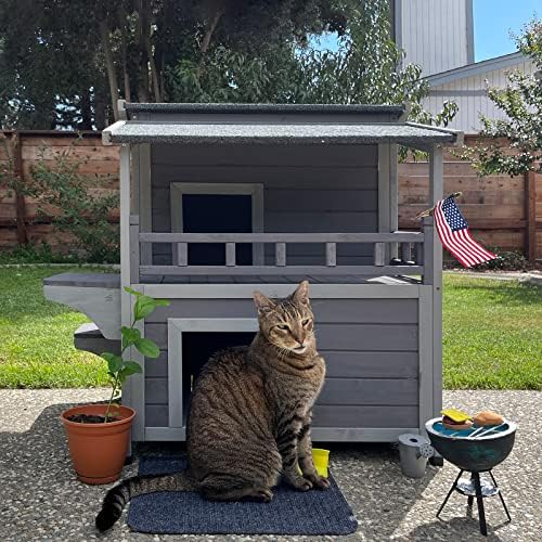 חיצוני פראי חתול בית, עץ חתול מקלט עם בריחה דלת, אטים לגשם מחוץ קיטי בית עם מרפסת