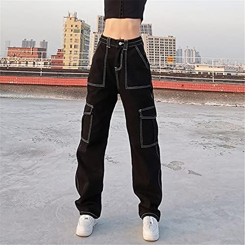 כפתור מכנסי ג'ינס למותניים גבוהות לנשים בגדי רחוב טלאים מכנסיים רחבים מכנסיים אלסטיים בצבע אחיד מכנסי
