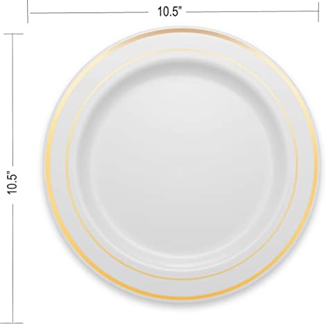 בלומינגודס זהב מסגרת פלסטיק ארוחת ערב צלחות 10.25 אינץ במשקל כבד לבן חתונות מסיבות ואירועים צלחות עם אמיתי