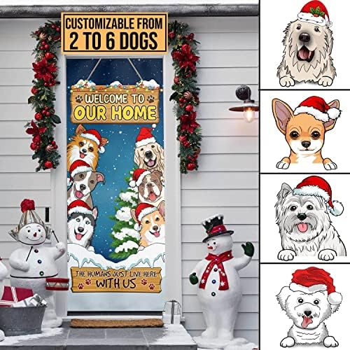 ברוכים הבאים לביתנו כיסוי דלת גזעי כלבים בהתאמה אישית-קישוט באנר לדלת כלבים מציצים לחג המולד, כיסוי לדלת,