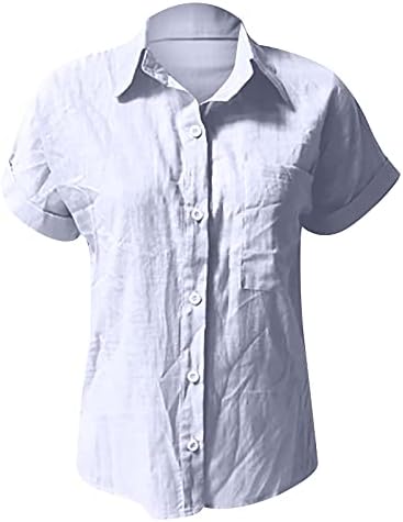 חולצת כותנה ופשתן של נשים שרוול קצר כפתור כפתור חולצות חולצות V צוואר טוניקות מזדמנים צמרות כיס צבע אחיד