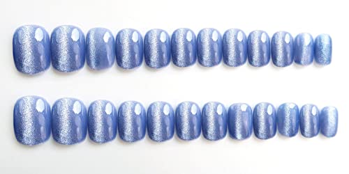 גליטר כחול לחץ על ציפורניים קצר צרפתית דבק על ציפורניים מלאכותיות מבריק כחול כיכר מלא כיסוי קצר ג ' ל ציפורניים